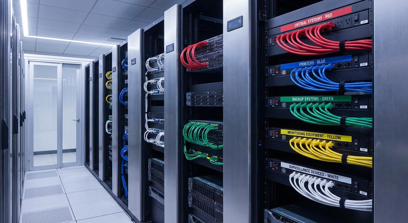 A server room showcasing color-coded PDUs and cables
