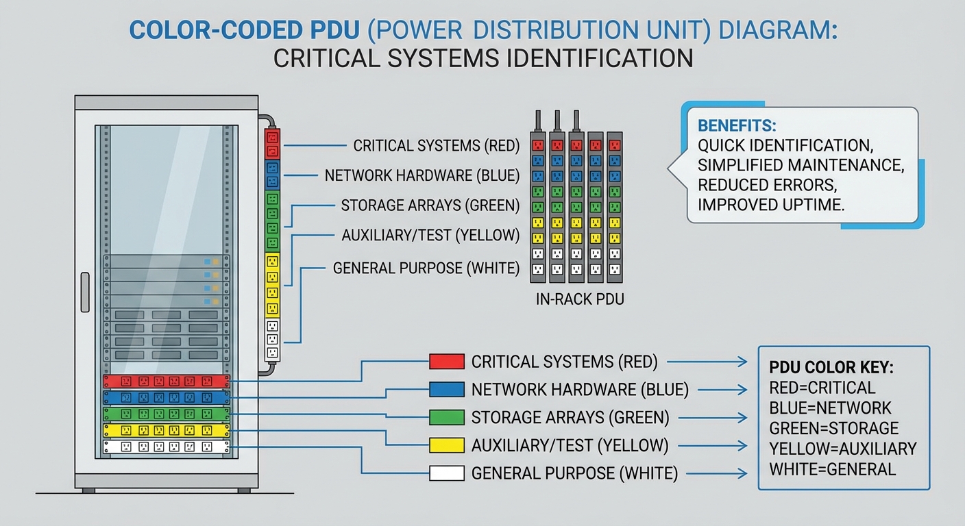 Educational diagram showing color-coded PDUs in a server room