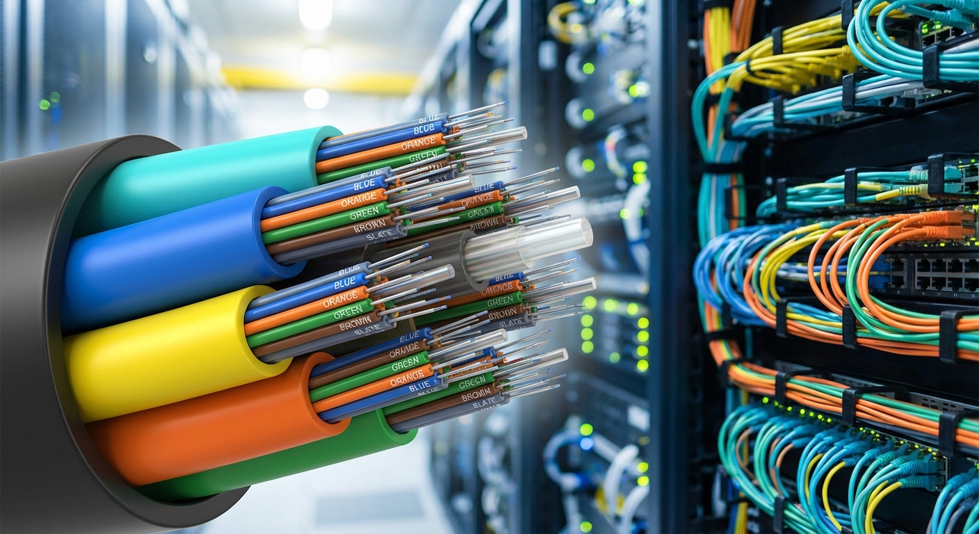 Cross-section of fiber optic cable with detailed color coding