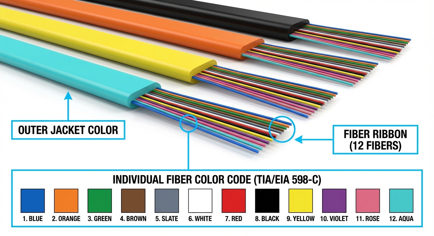 Diagram showing TIA/EIA 598-C fiber optic color coding with labeled cables and colors