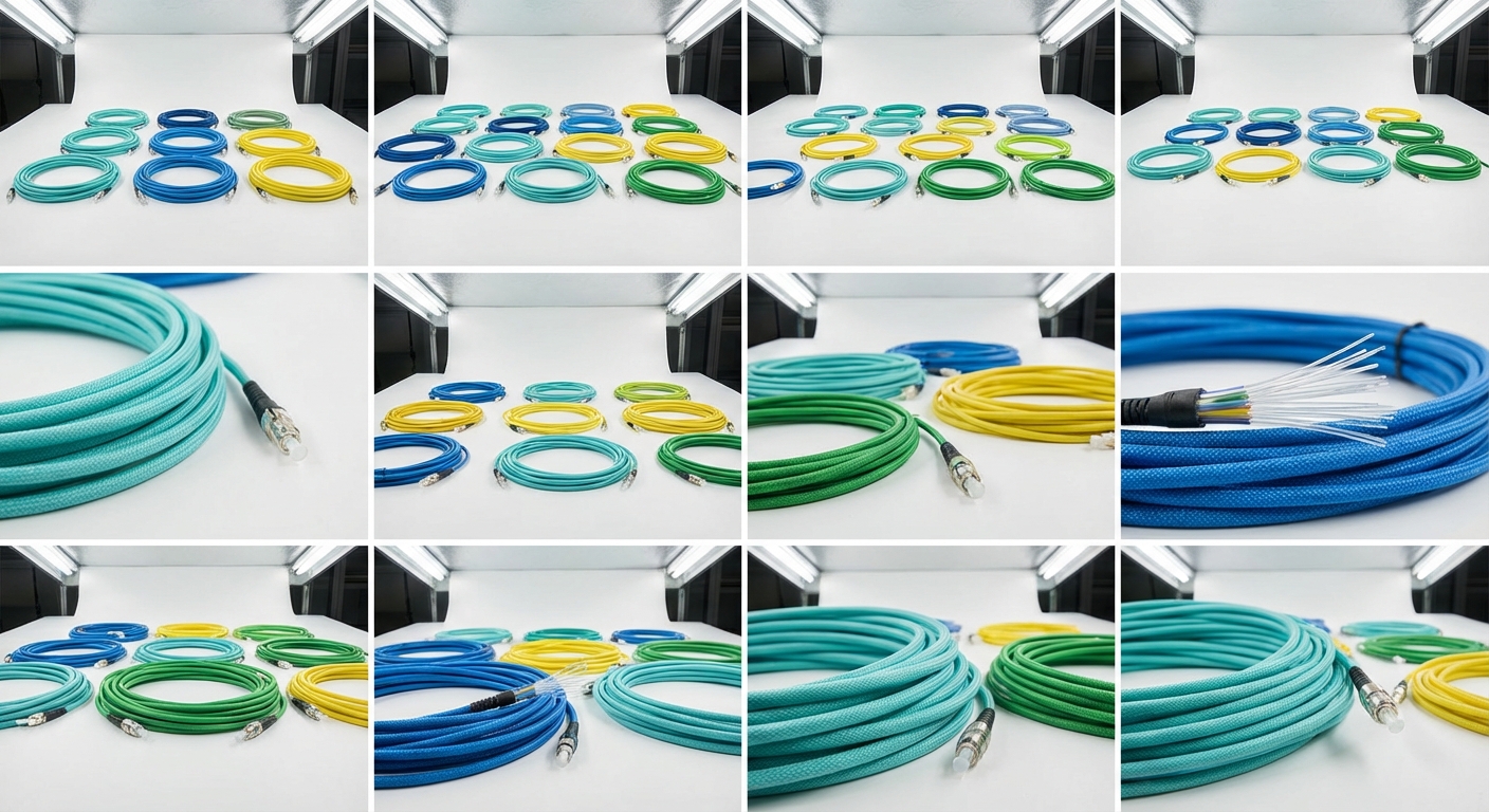 Close-up product shot of various fiber optic cables in different outer jacket colors