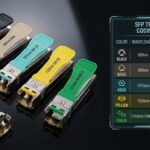 Color-coded SFP transceivers with information on wavelengths and distances