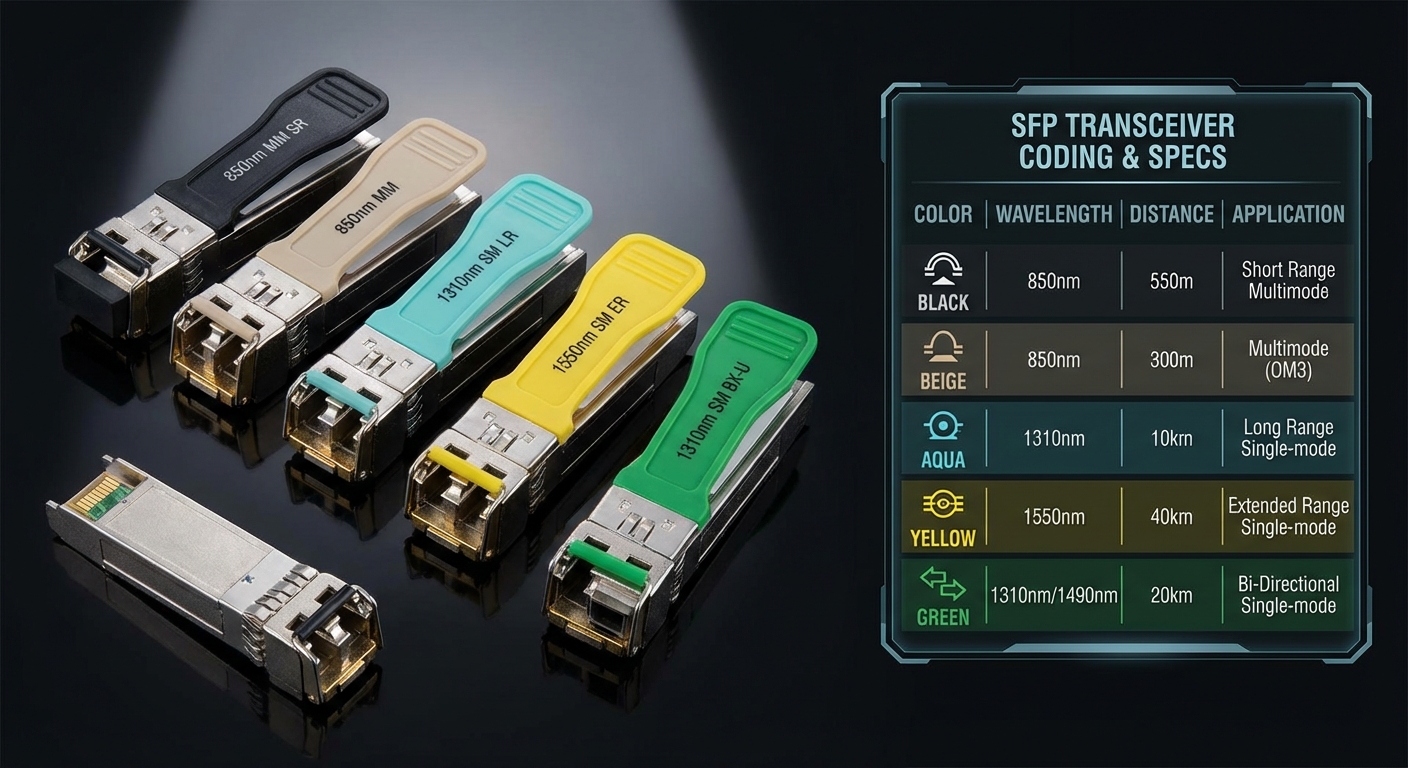 Color-coded SFP transceivers with information on wavelengths and distances