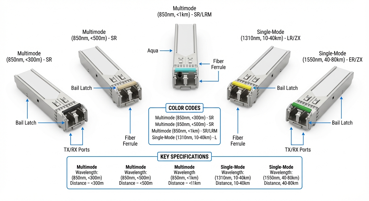 Diagram of SFP transceiver handle color codes illustrating types and specifications.