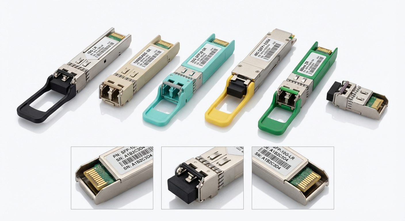 Close-up product shot of various SFP transceivers with different handle colors.