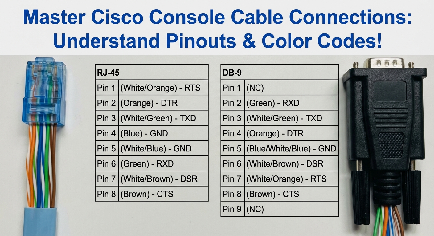Diagram of Cisco console cable pinout and color codes for RJ-45 and DB-9 connectors