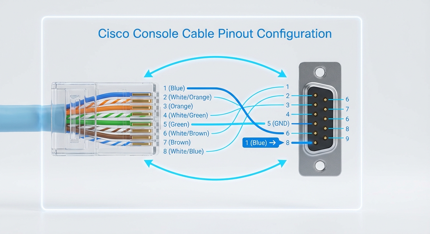 Diagram illustrating the pinout configuration of a Cisco console cable
