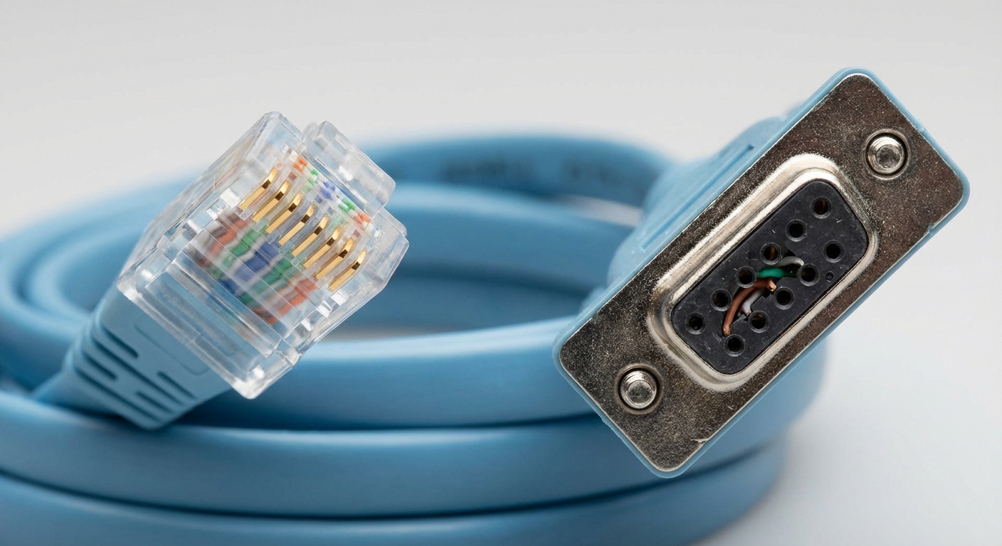 Close-up view of Cisco console cable connectors