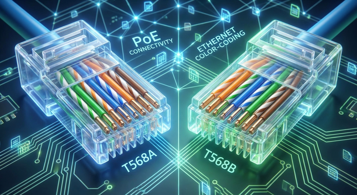 Illustration of Ethernet cable color codes for T568A and T568B wiring standards.
