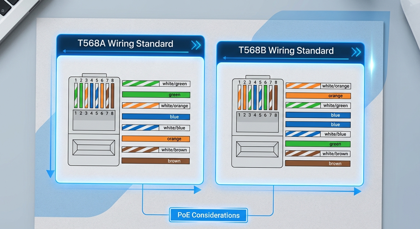 Diagram comparing T568A and T568B Ethernet wiring color codes