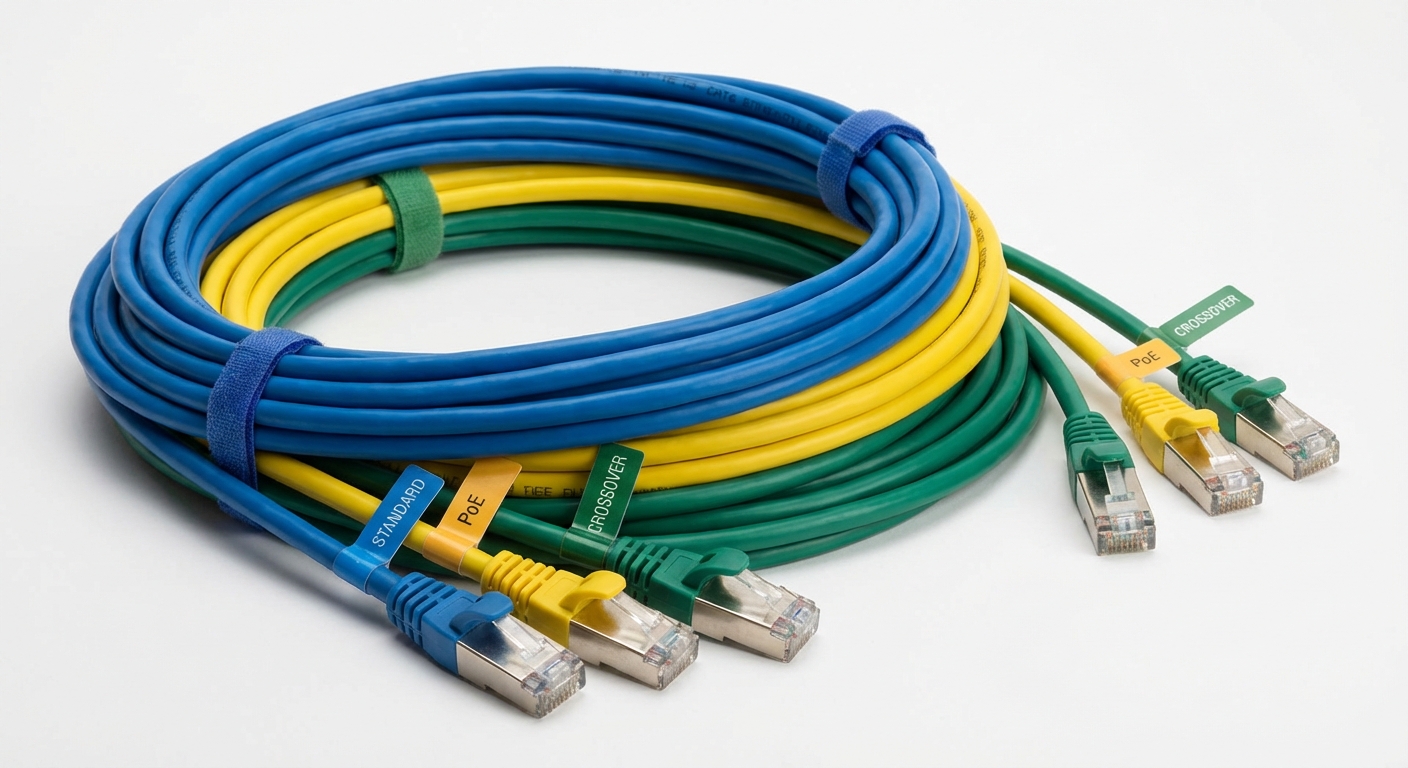 Collection of Ethernet cables in blue, yellow, and green