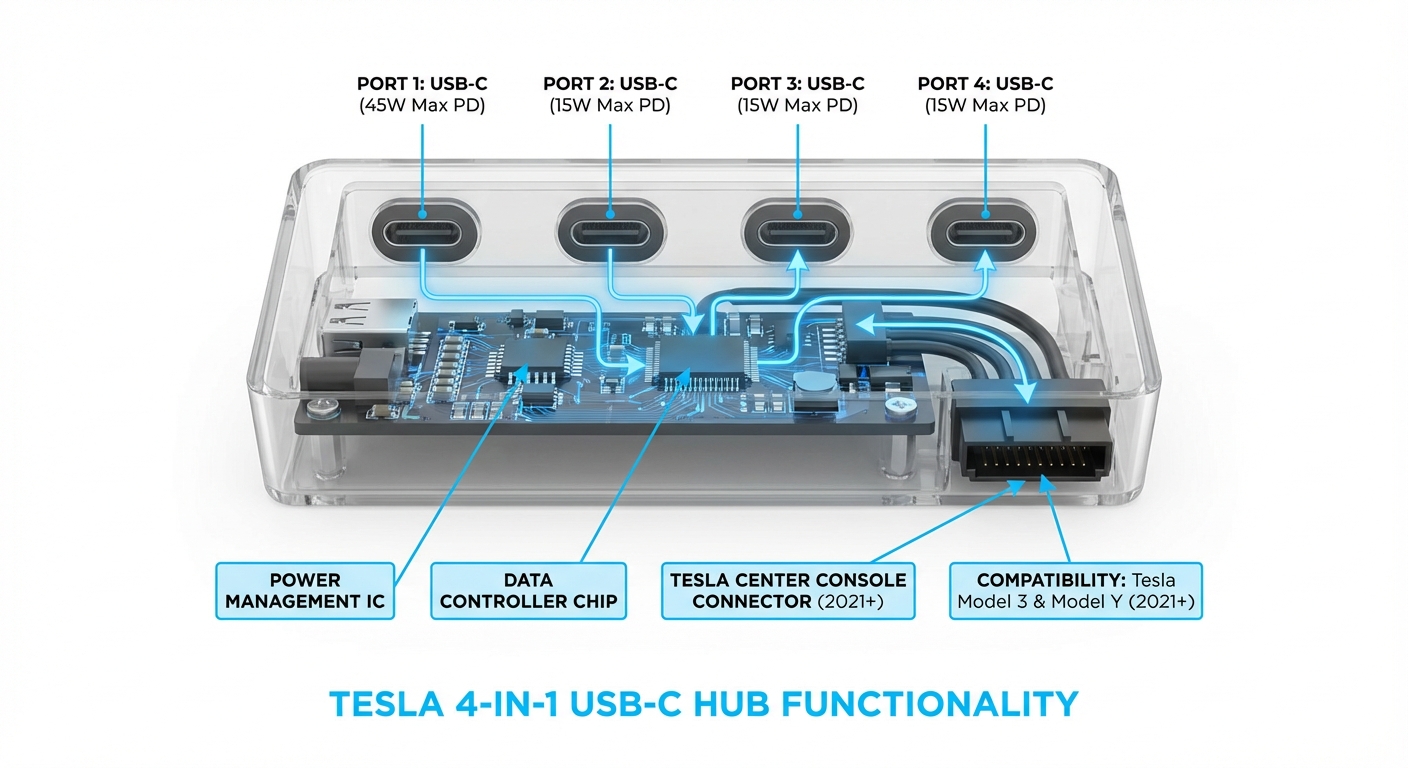 Technical diagram showcasing internal components of the Tesla 4-in-1 USB-C Hub