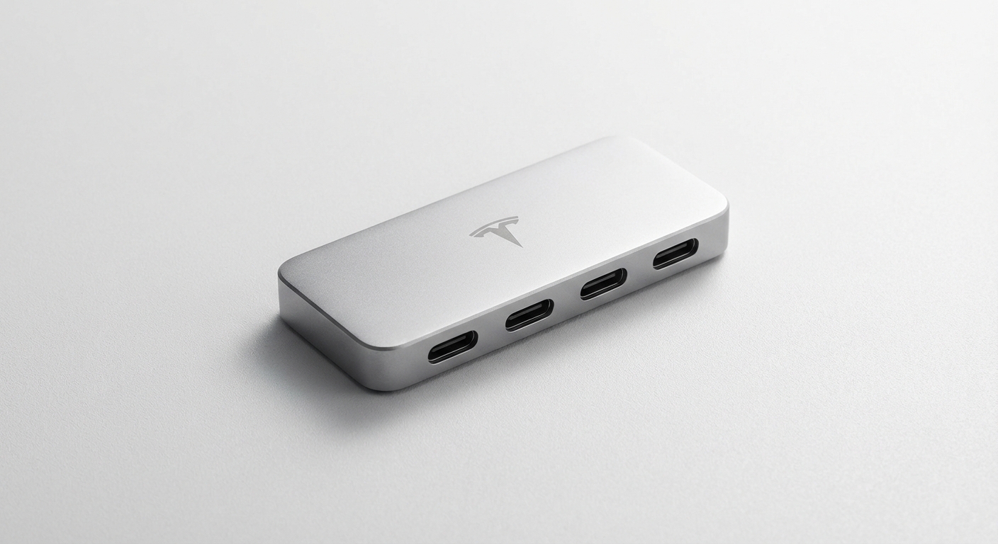 Photorealistic image of the Tesla 4-in-1 USB-C Hub showing its design and ports