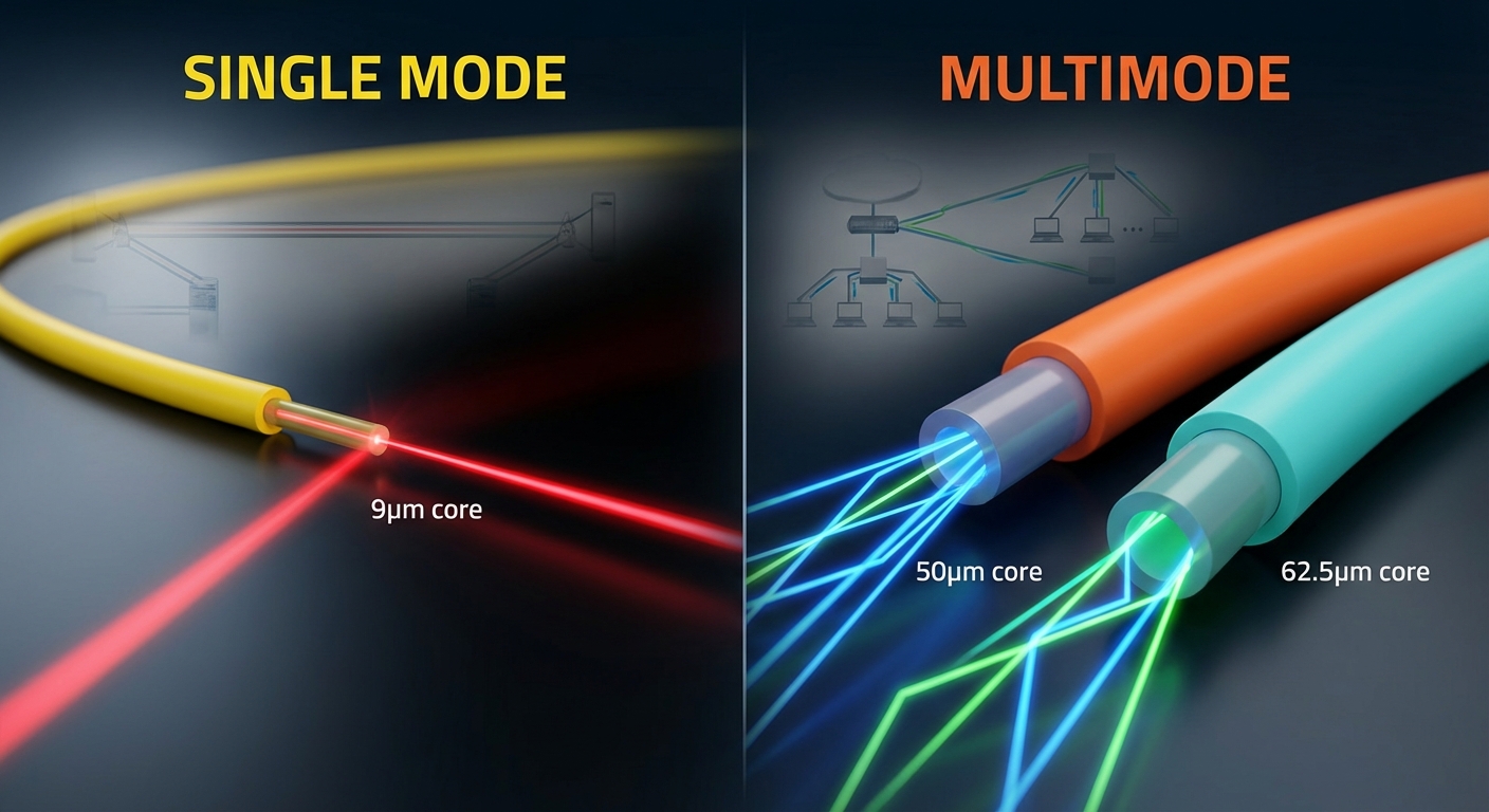 Visual comparison of single mode and multimode fiber cables