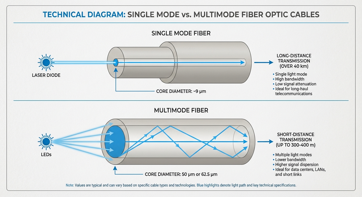 Technical diagram comparing single mode and multimode fiber optic cables.