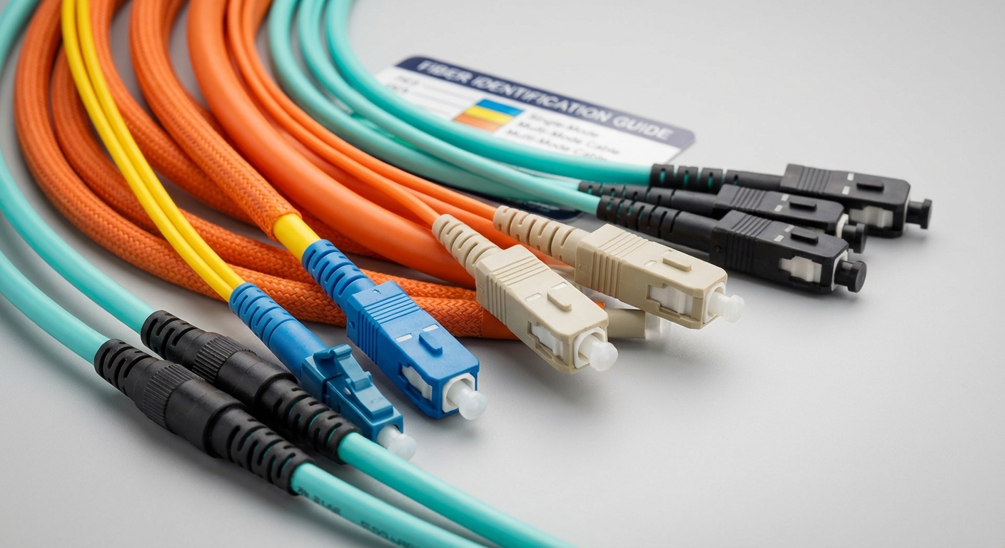 Photorealistic image of fiber optic cables showcasing different color jackets.