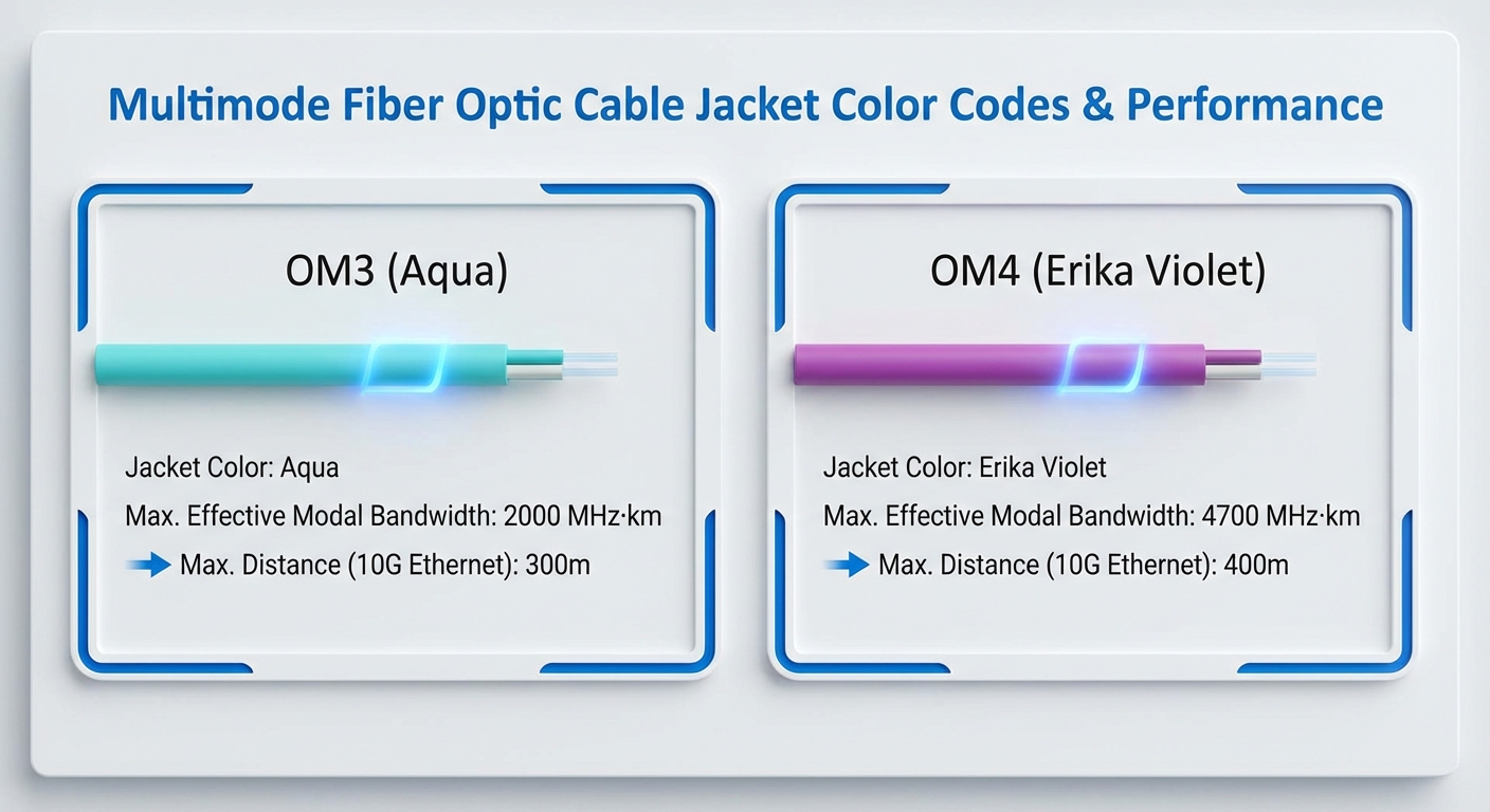 Diagram showing jacket color codes for OM3 and OM4 fiber optic cables.