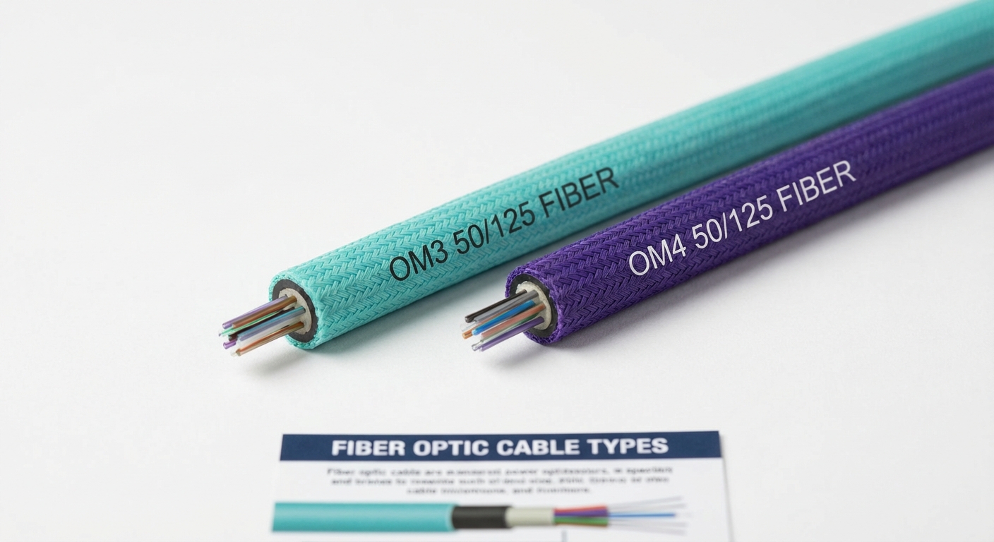 Photorealistic view of OM3 and OM4 fiber optic cables with aqua and Erika Violet jackets.