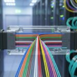 Close-up view of MPO fiber connector with color-coded wiring