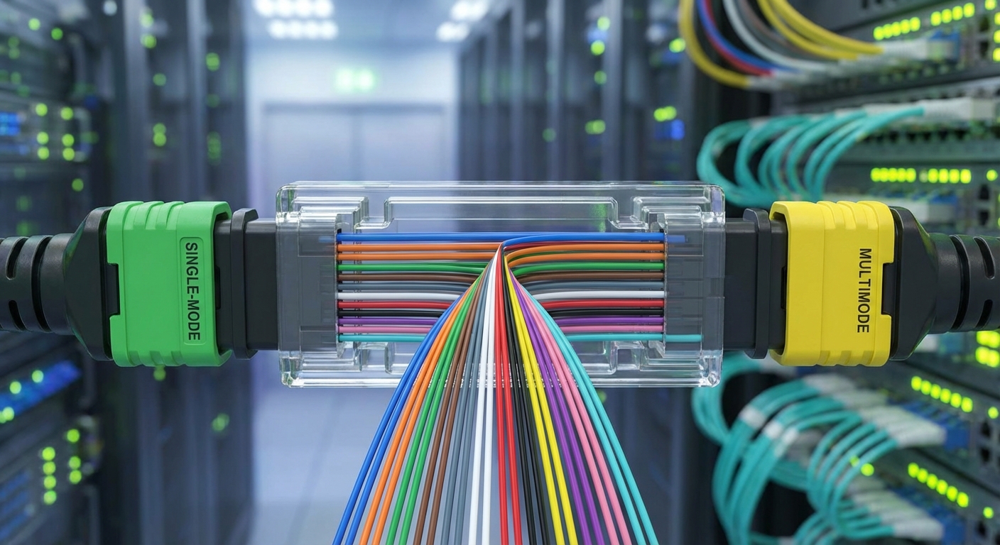 Close-up view of MPO fiber connector with color-coded wiring