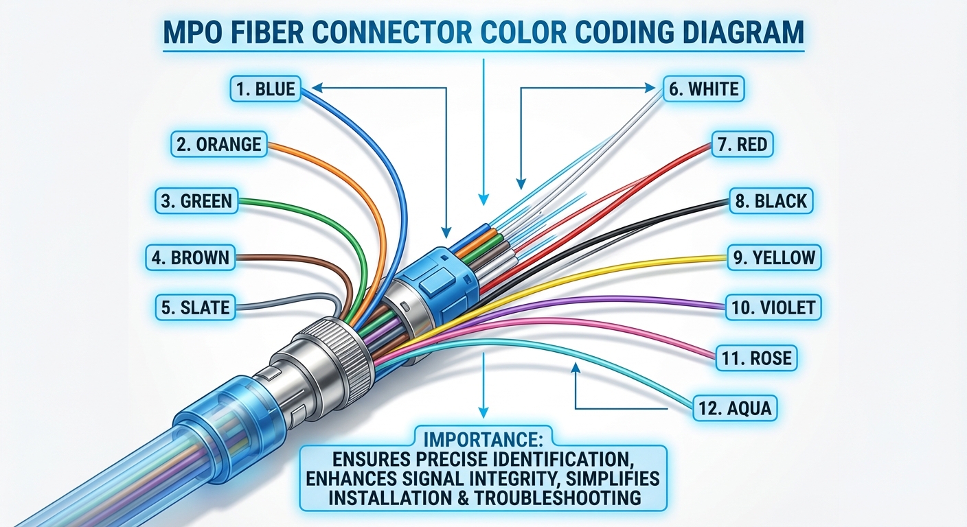 Diagram showing MPO fiber connector color codes.