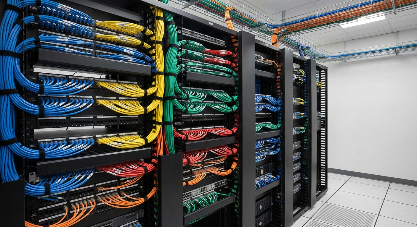 Organized network closet with color-coded cables for effective management