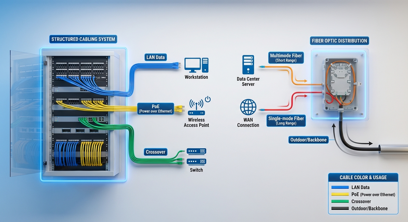 Educational diagram showing structured cabling color codes and applications.