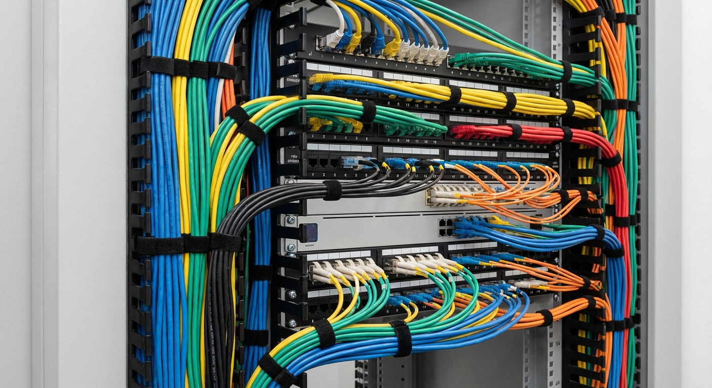 Photorealistic image of organized network closet with color-coded cables.