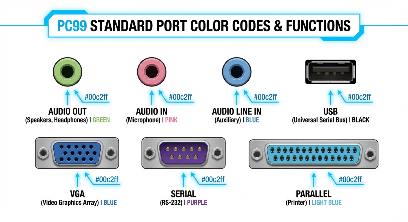 Diagram showing PC99 standard port color codes for audio, USB, video, serial, and parallel ports.