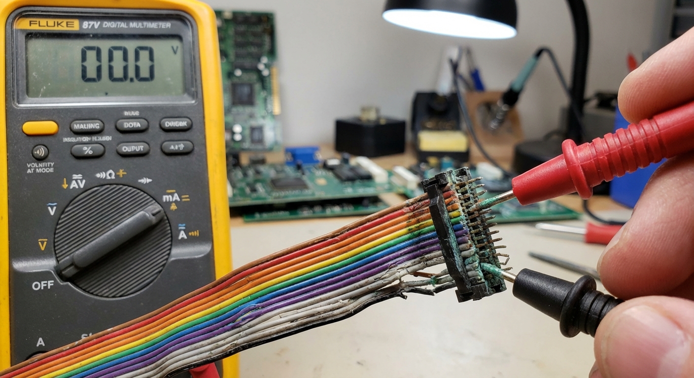 Close-up view of a ribbon cable and multimeter testing for continuity