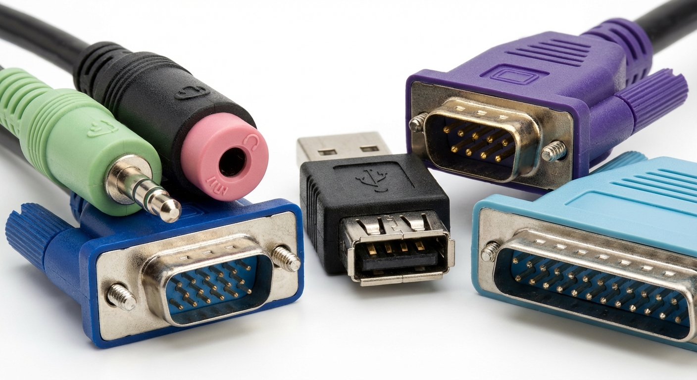 Photorealistic image featuring various PC connectors including audio, USB, and video ports.