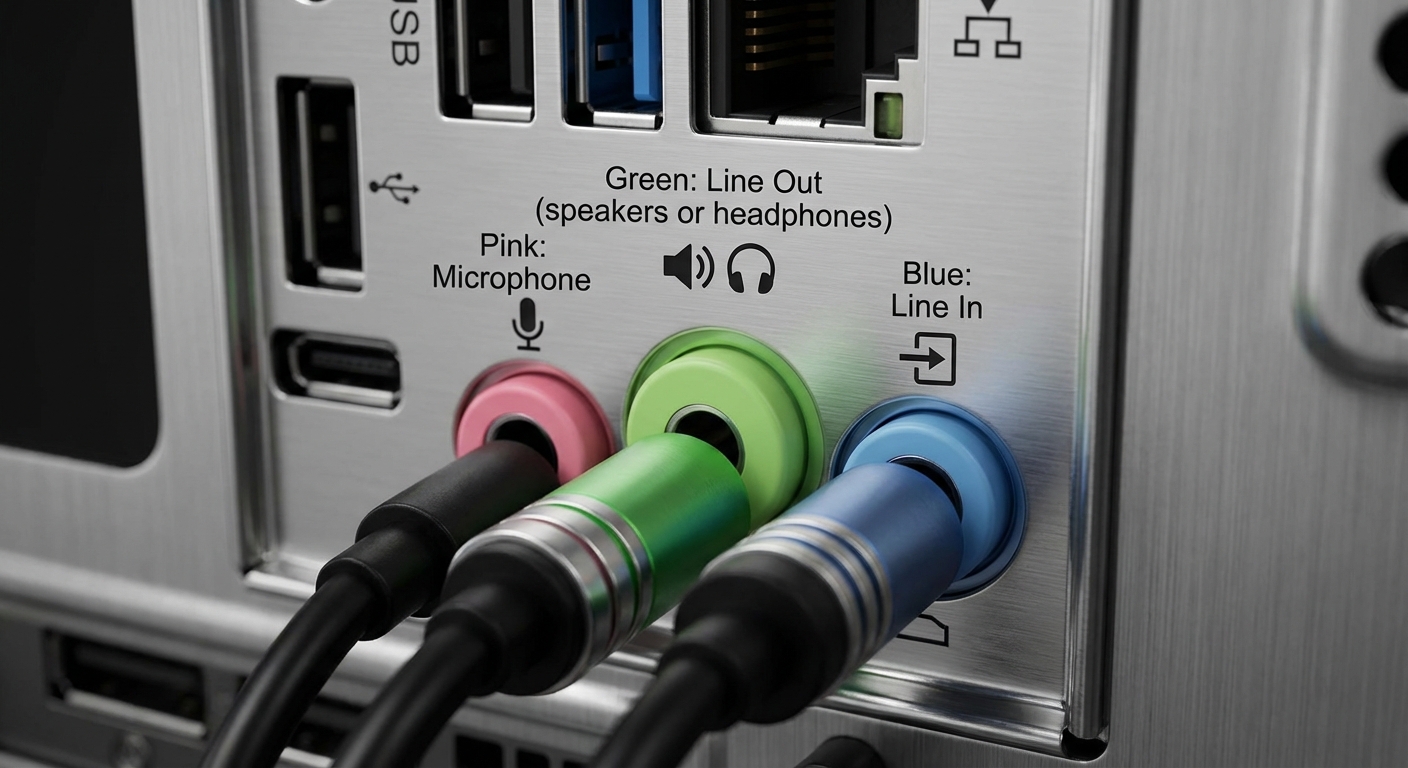 Diagram of audio jacks color codes on a PC.