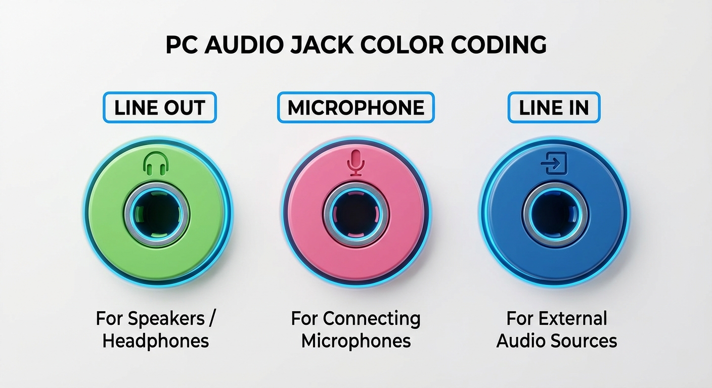Diagram of audio jack color coding on a PC