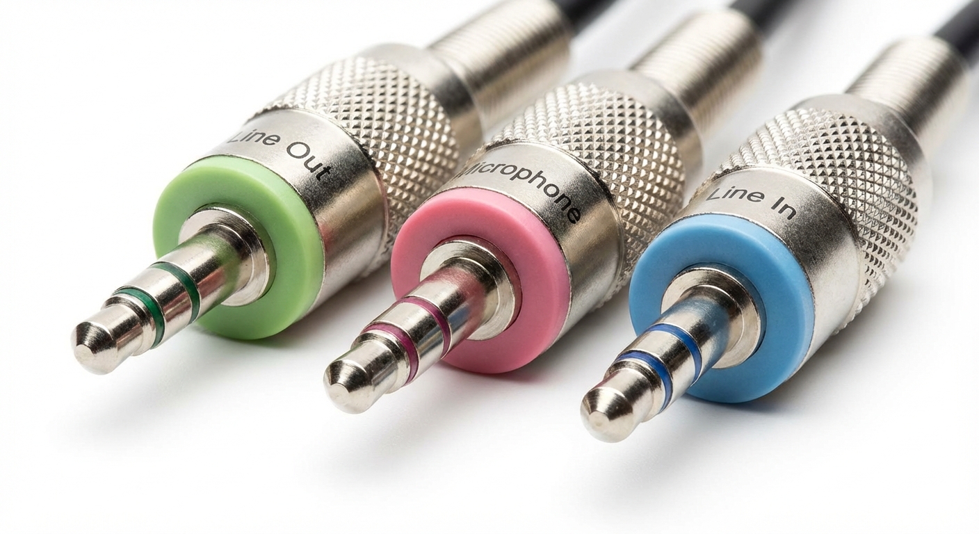 Photorealistic depiction of audio jacks: green, pink, and blue connectors