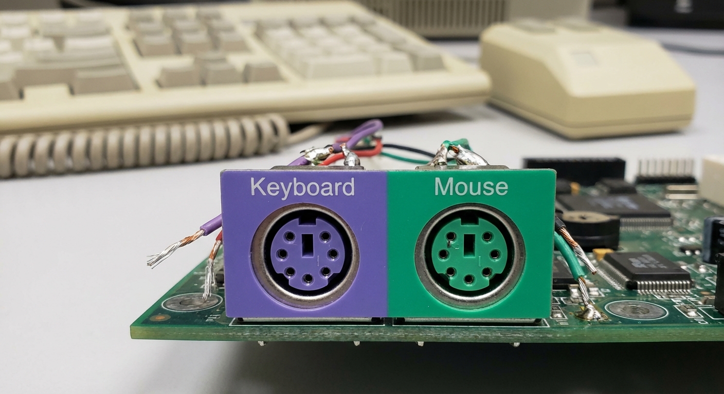 Close-up of PS/2 ports on a motherboard illustrating color coding