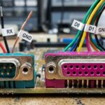 Close-up illustration of serial and parallel port connectors with color-coded wires.