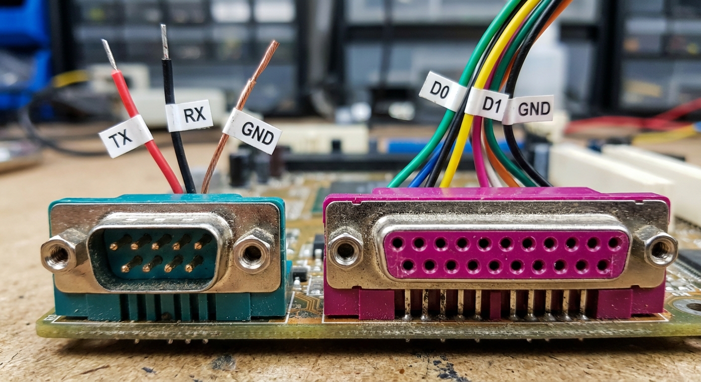 Close-up illustration of serial and parallel port connectors with color-coded wires.