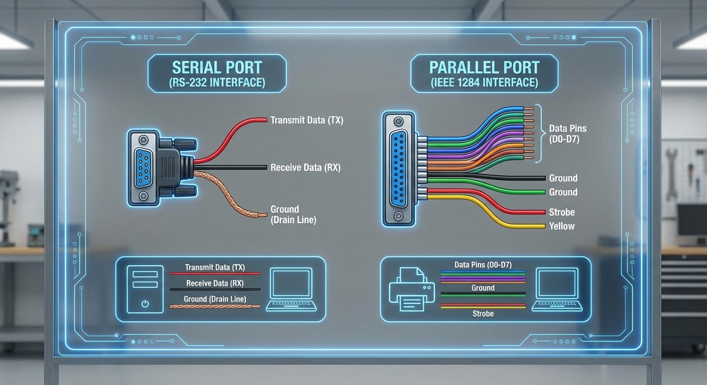 A diagram showing color codes and wiring for serial and parallel ports.
