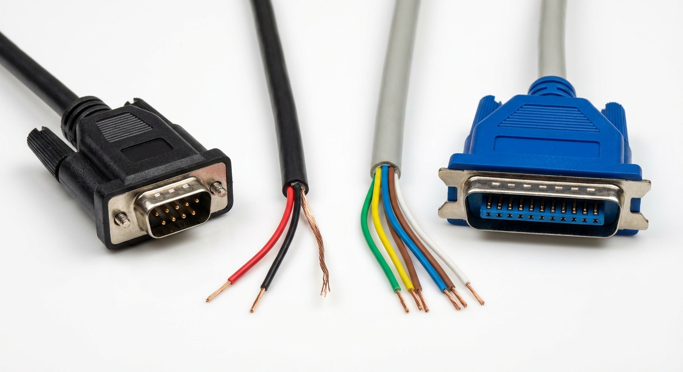 A photorealistic image of serial and parallel cables showcasing their connectors and color codes.
