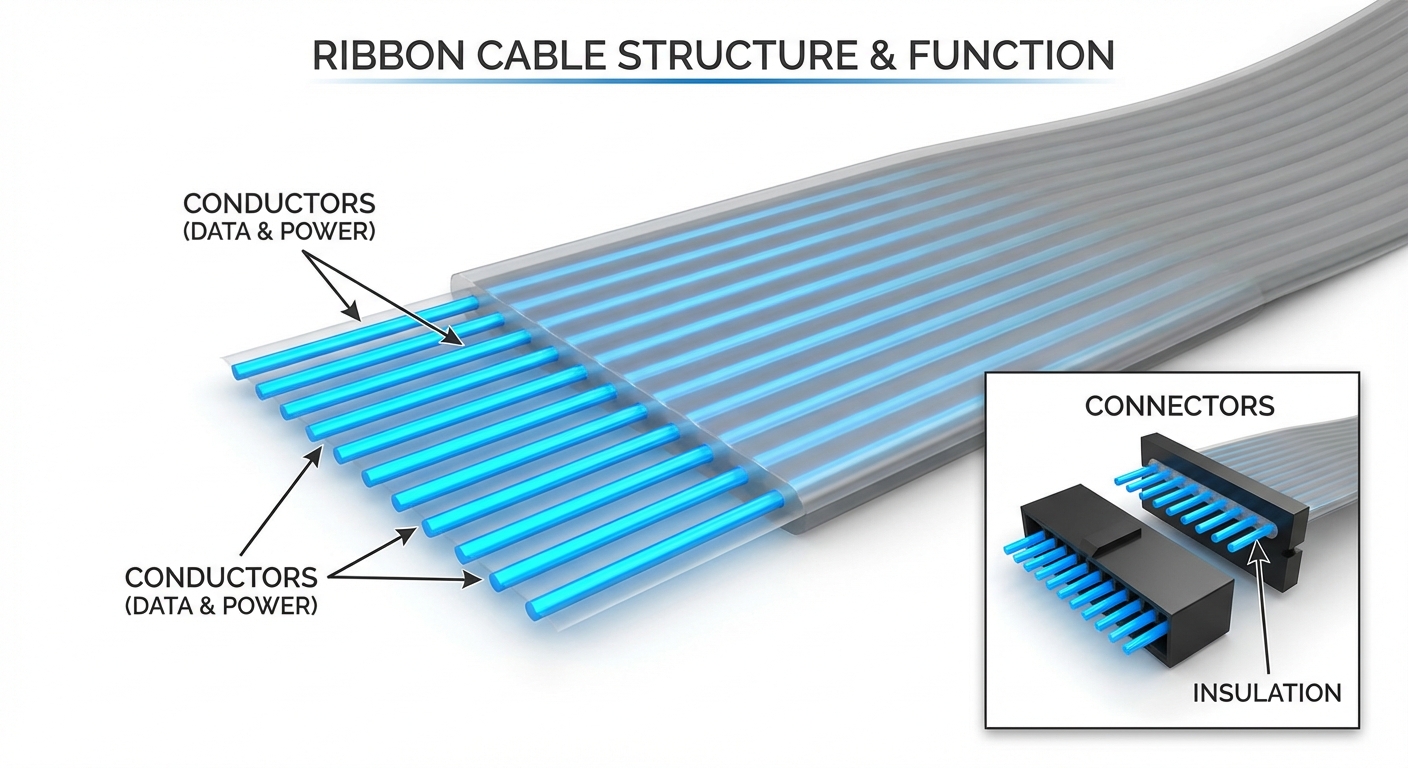 Technical diagram of a ribbon cable structure with labeled components