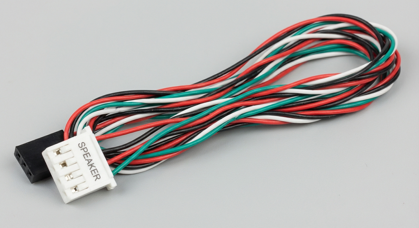 Photorealistic image of internal PC speaker wires