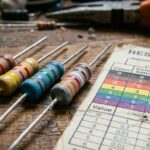 Close-up view of resistors with color bands on a workbench