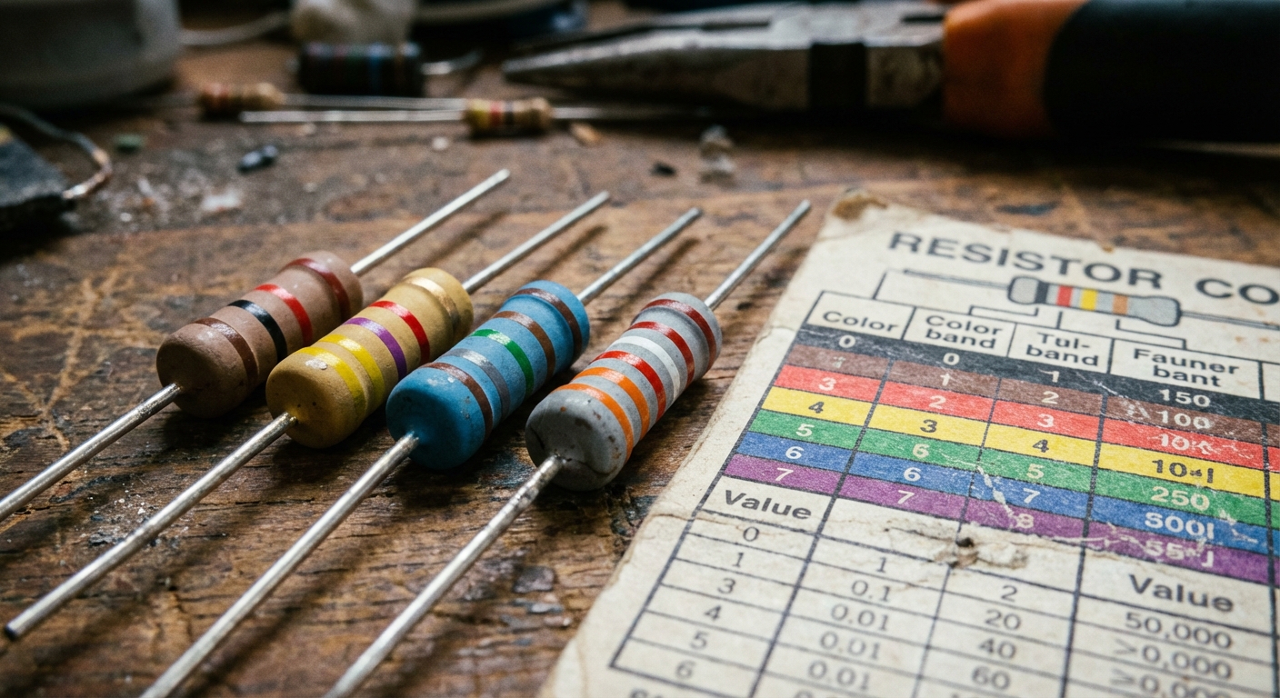 Close-up view of resistors with color bands on a workbench