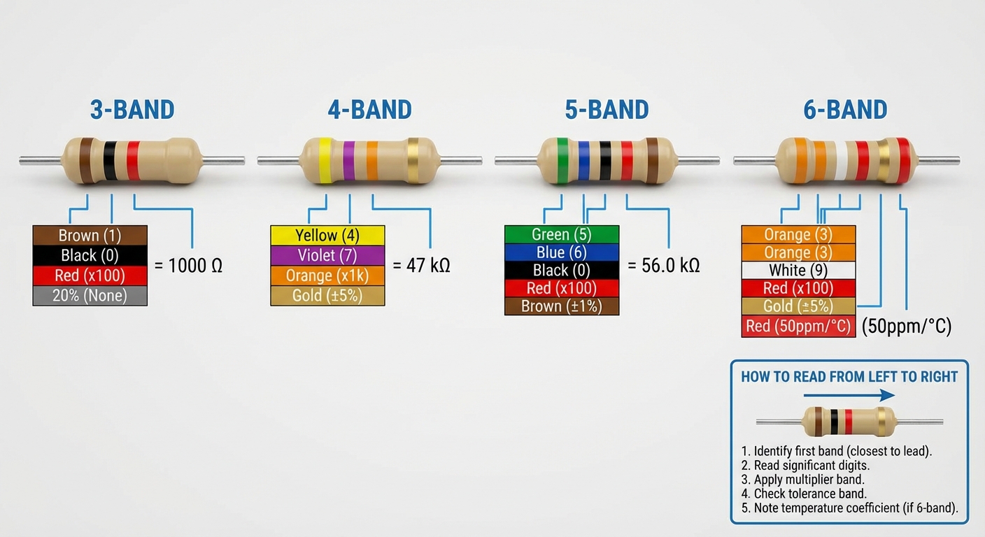 Educational diagram showing resistor color code configurations
