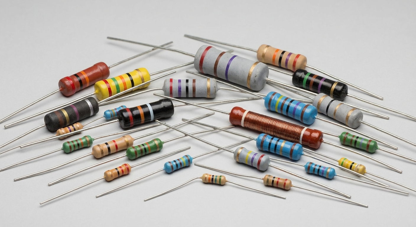Photorealistic image of different types of resistors on a neutral background