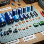 Illustration of polarized capacitors with polarity markings and color codes