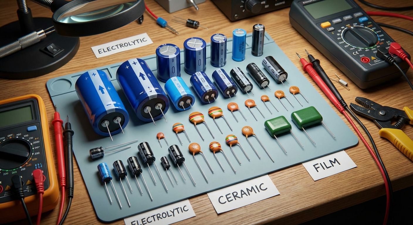 Illustration of polarized capacitors with polarity markings and color codes