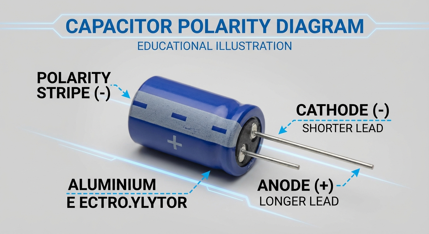 Diagram illustrating capacitor polarity with labeled parts