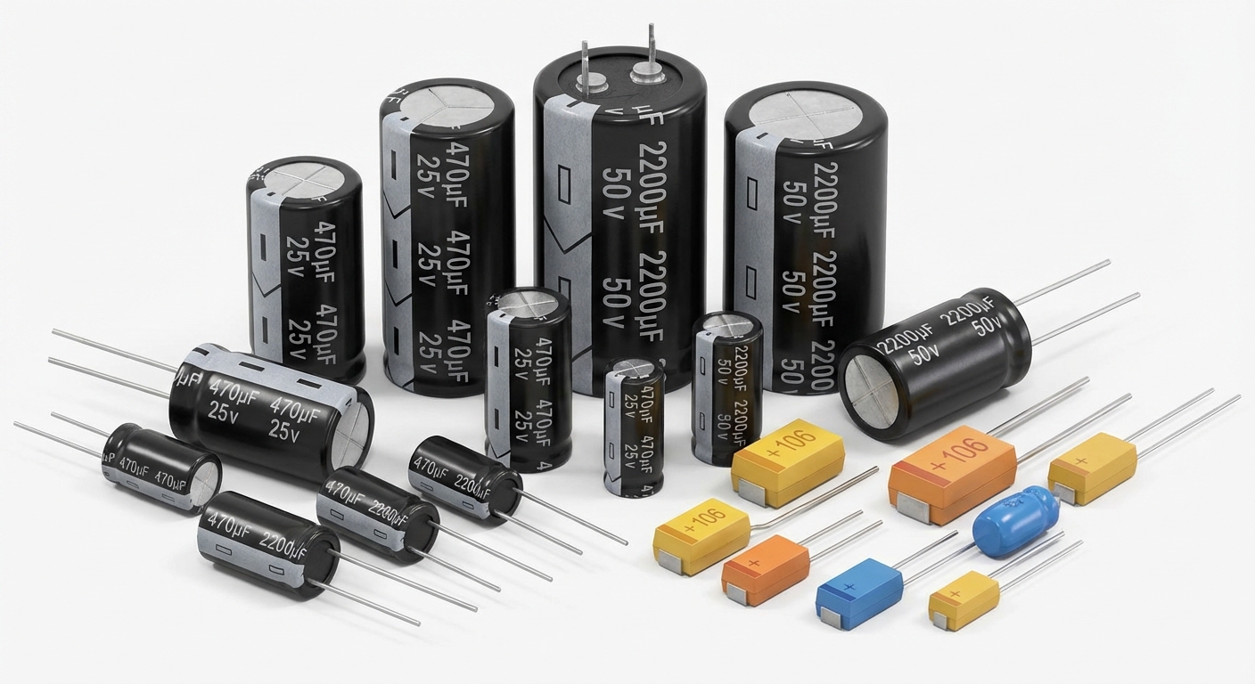 Photorealistic image of electrolytic and tantalum capacitors