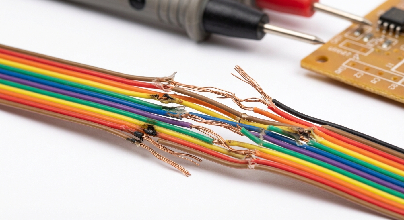 Photorealistic image of a damaged ribbon cable showing exposed conductors